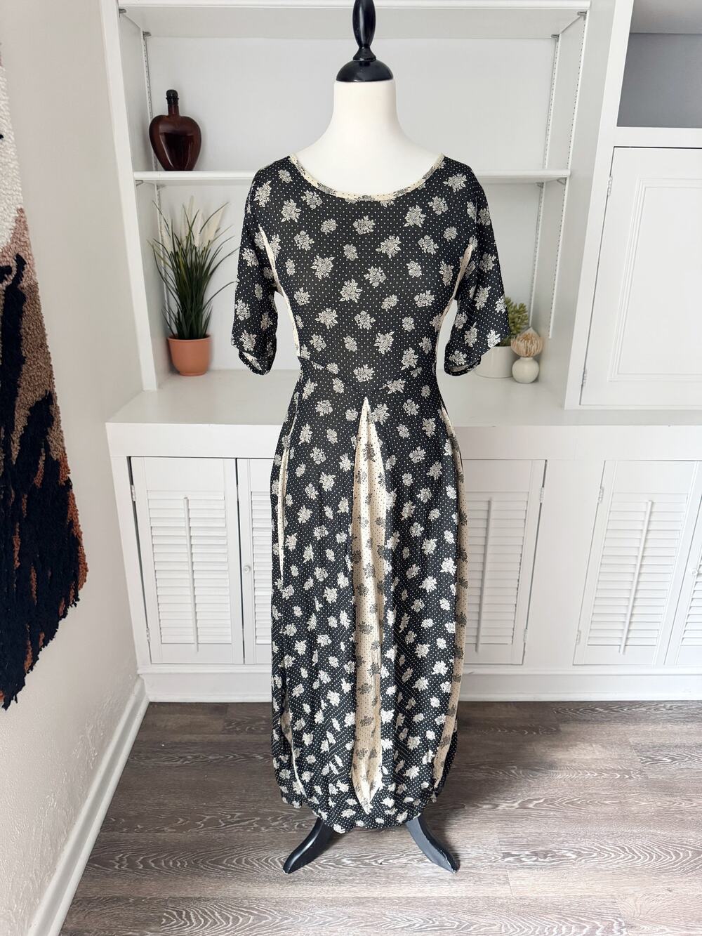 Vintage Jane Mohr Dress to Kill Black Floral Dot Pleated Patchwork Maxi Dress